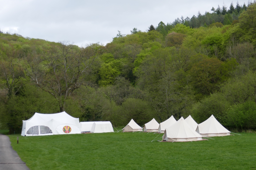 Camp Kudoo, showing the marquee, kitchen, store and bell tents